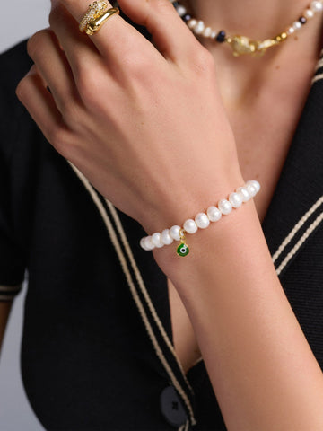Nialaya Women's Beaded Bracelet Wristband with White Pearls and Green Evil Eye Charm Wristband with White Pearls and Green Evil Eye Charm